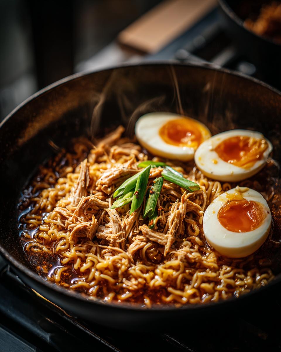 A dark, steaming bowl filled with rich broth, noodles, shredded chicken, and two halves of soft-boiled eggs, representing Chicken Ramen.