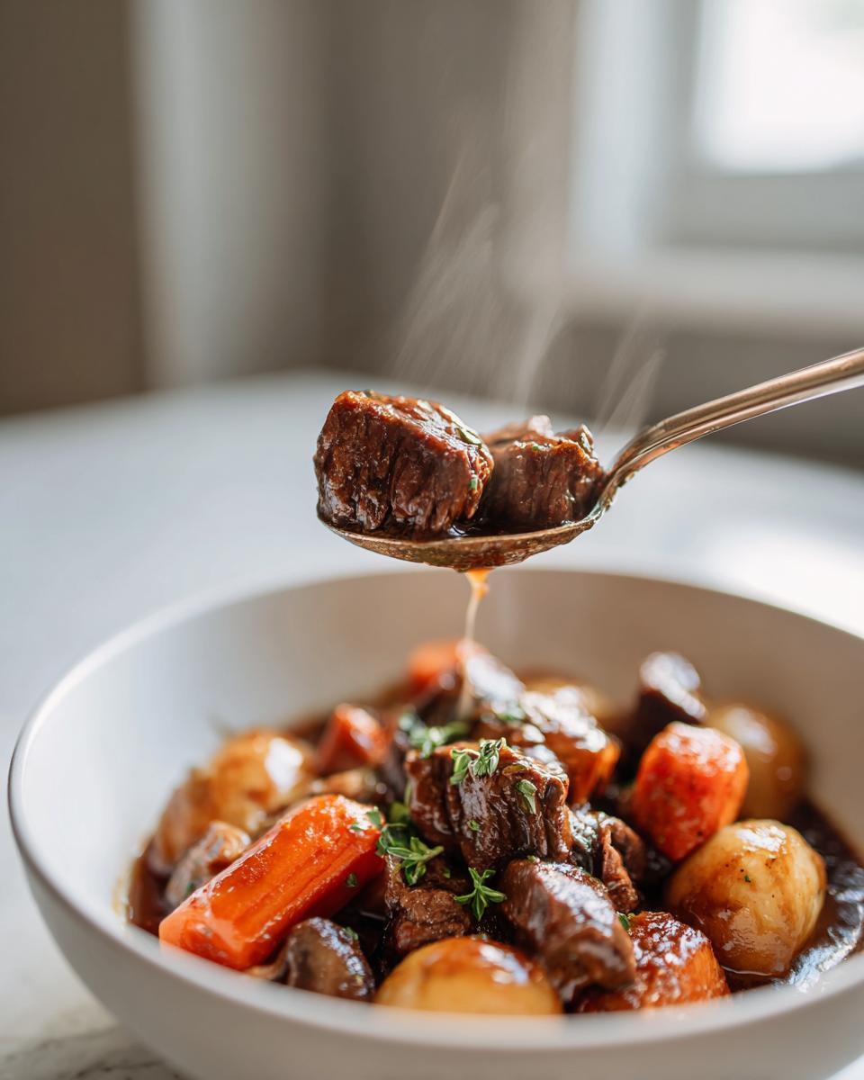 A spoonful of tender, steaming beef chunks lifted from a bowl of rich Crockpot Beef Stew with carrots and potatoes.