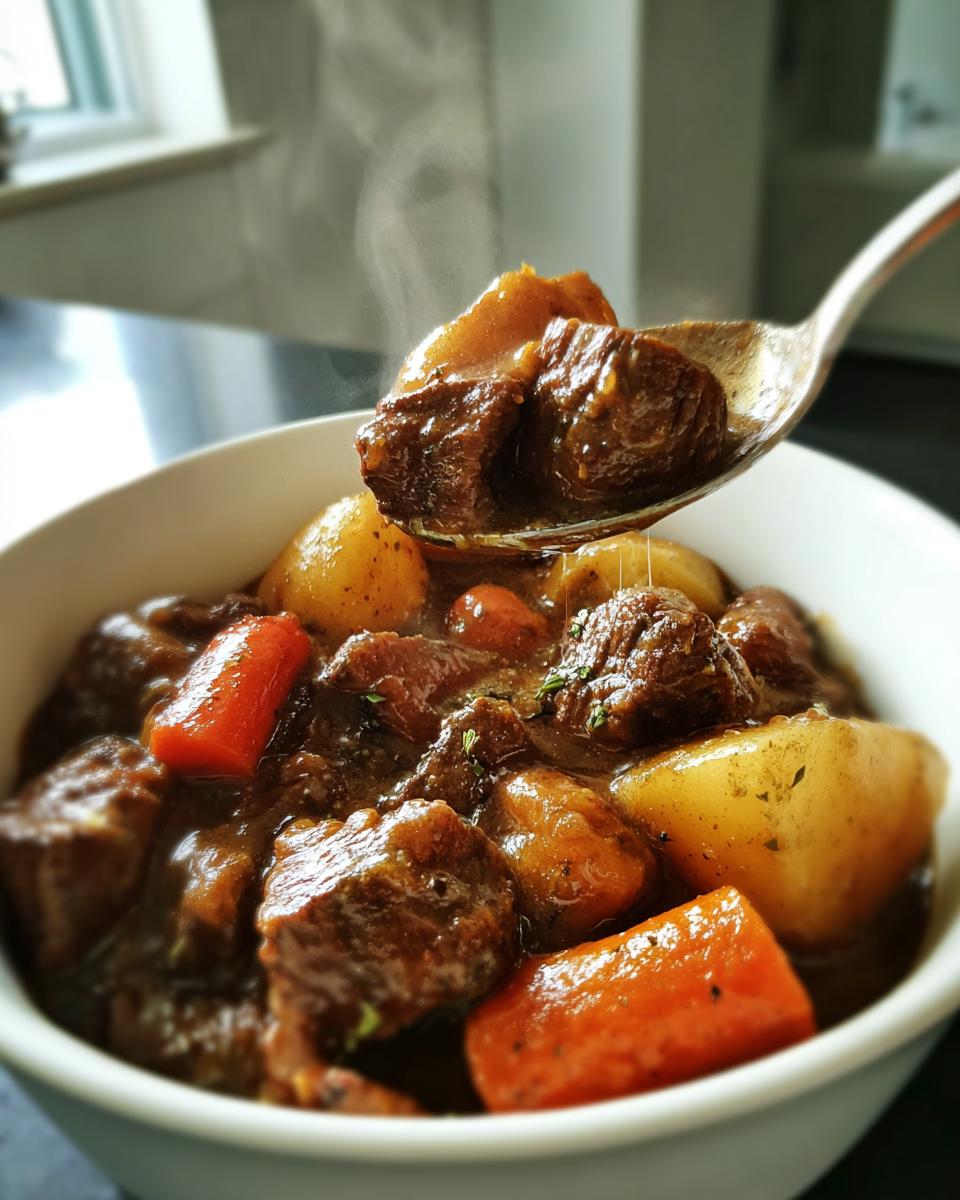 A spoonful of steaming Crockpot Beef Stew featuring tender beef chunks, potatoes, and carrots being lifted from a white bowl.