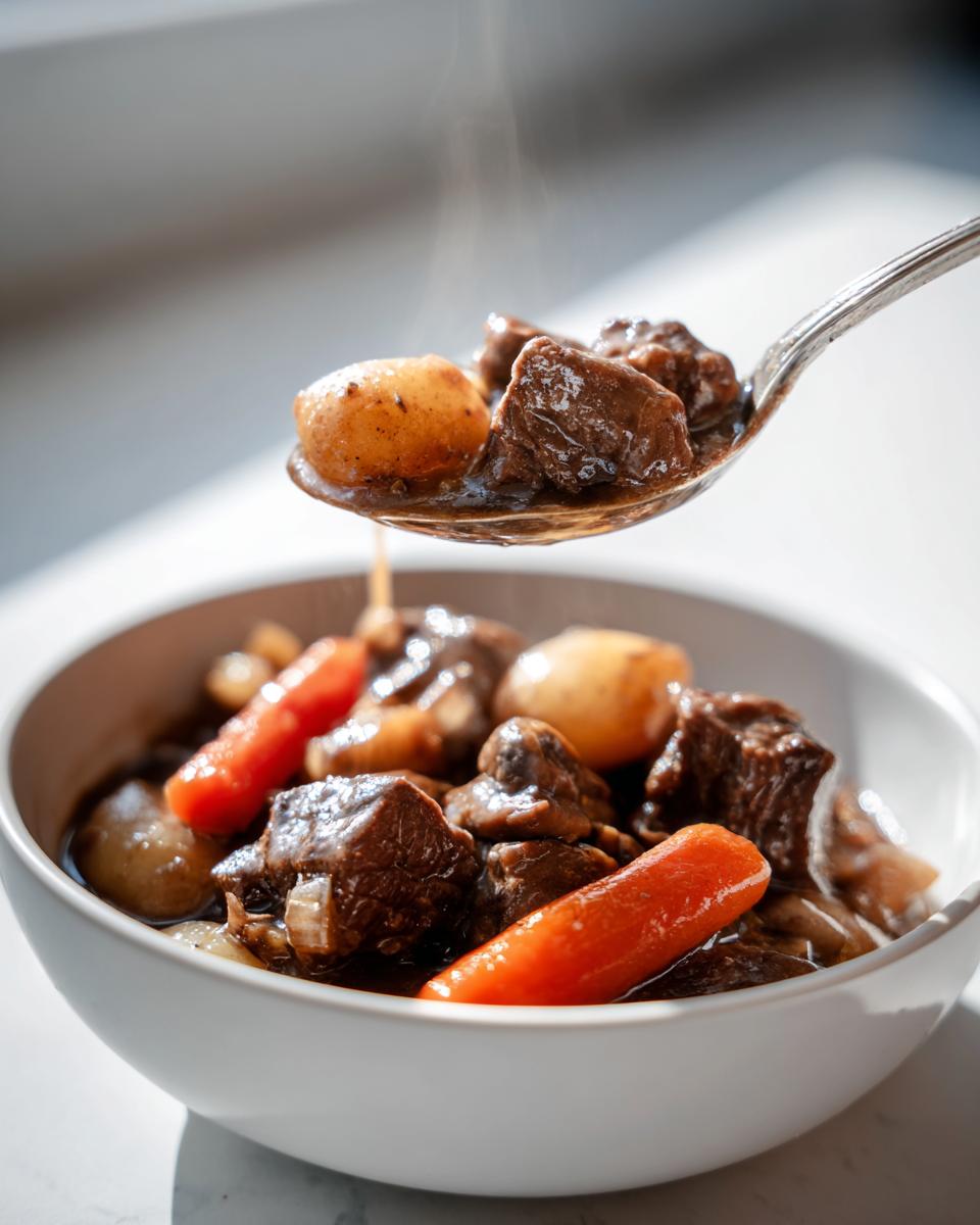 A spoonful of hot Crockpot Beef Stew, featuring tender beef chunks, potatoes, and carrots, being lifted from a white bowl.