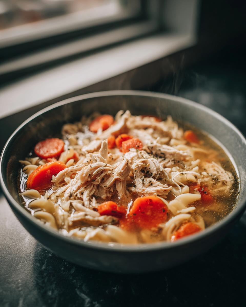 Close-up of a steaming bowl of chicken noodle Crockpot Soup with shredded chicken and bright orange carrot slices.