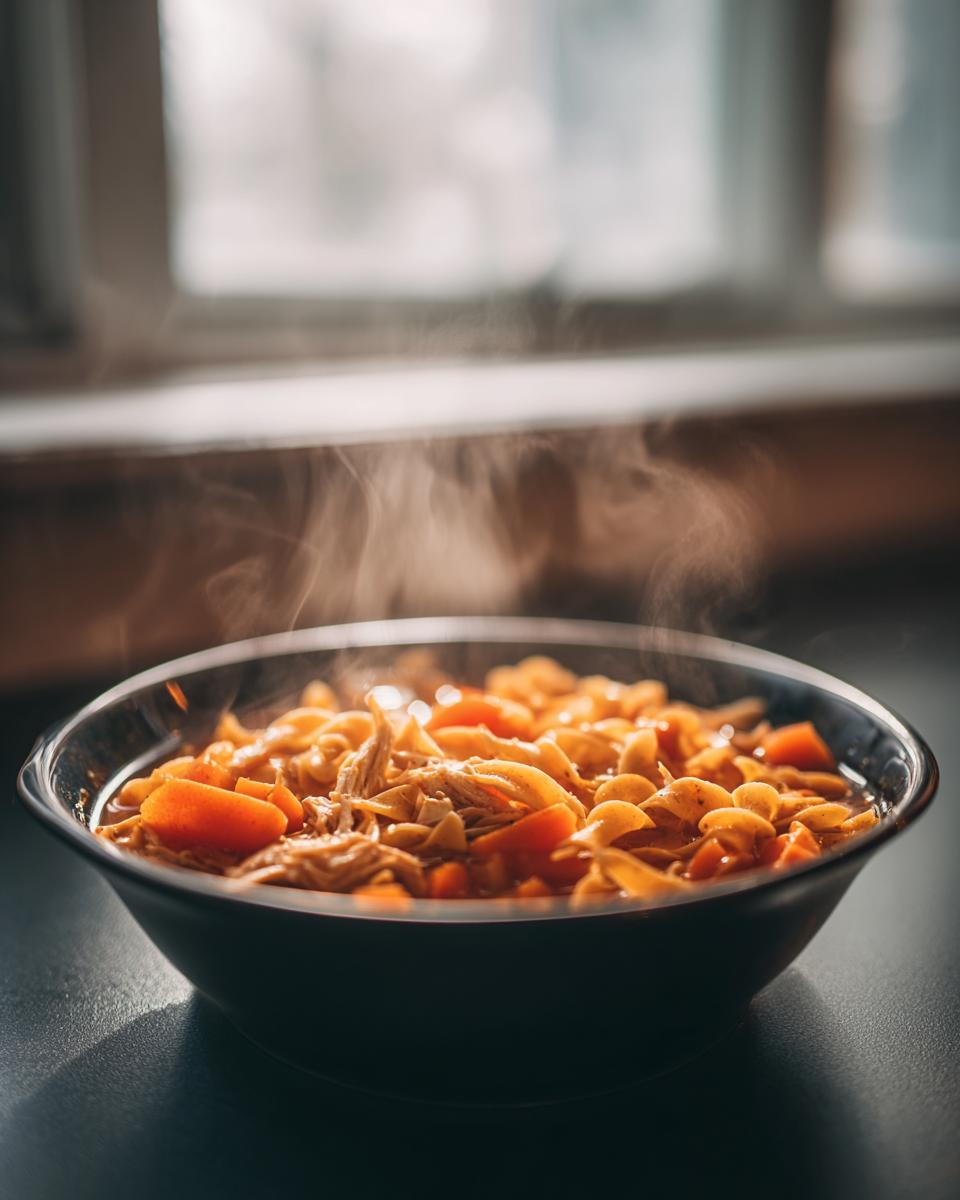 A dark bowl filled with steaming hot Crockpot Soup featuring shredded chicken, egg noodles, and chunks of bright orange carrots.