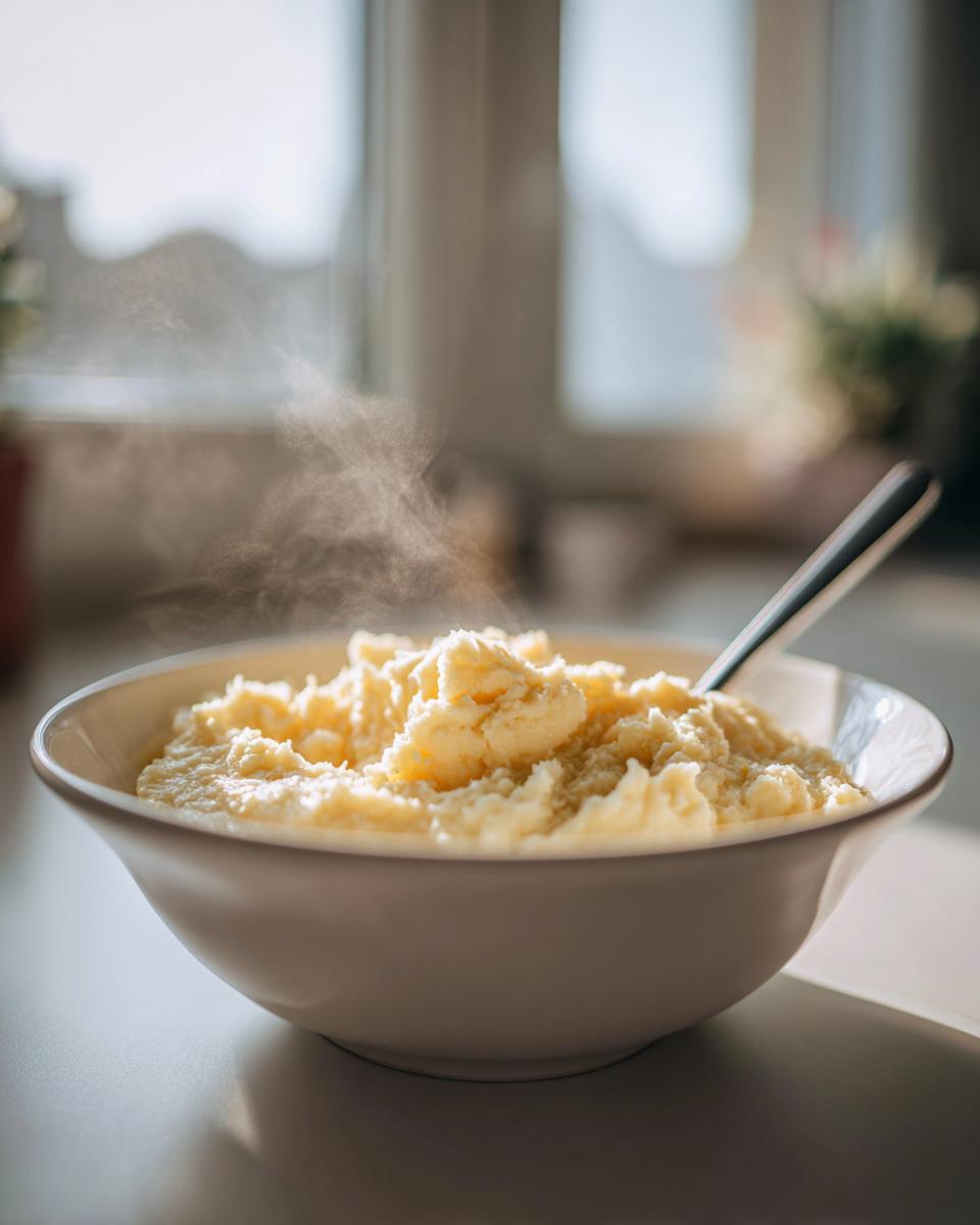 A white bowl filled with steaming, creamy Potato Soup, ready to eat, with a spoon resting inside.