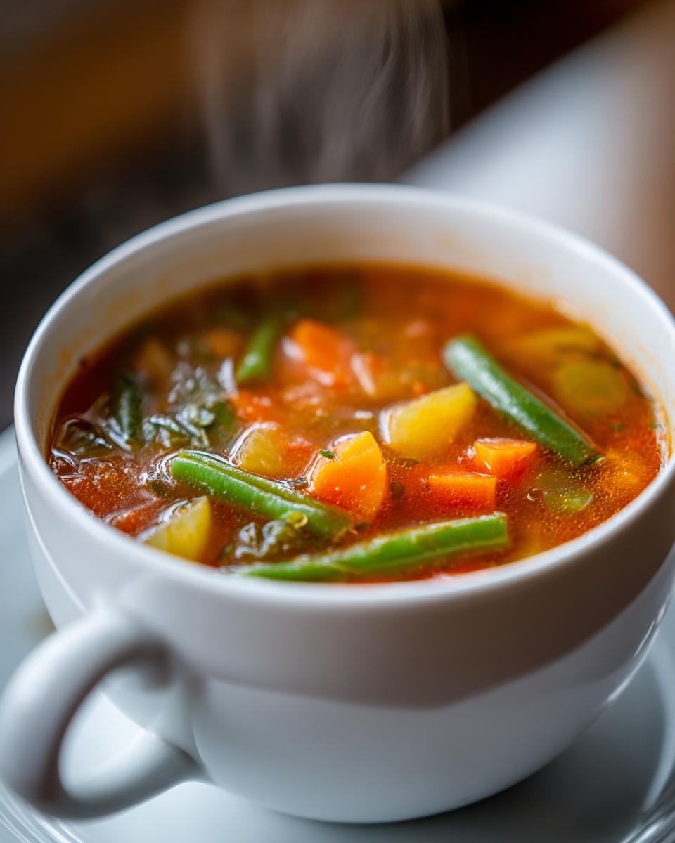 Close-up of a steaming white bowl filled with vibrant Vegetable Soup featuring carrots, potatoes, and green beans.