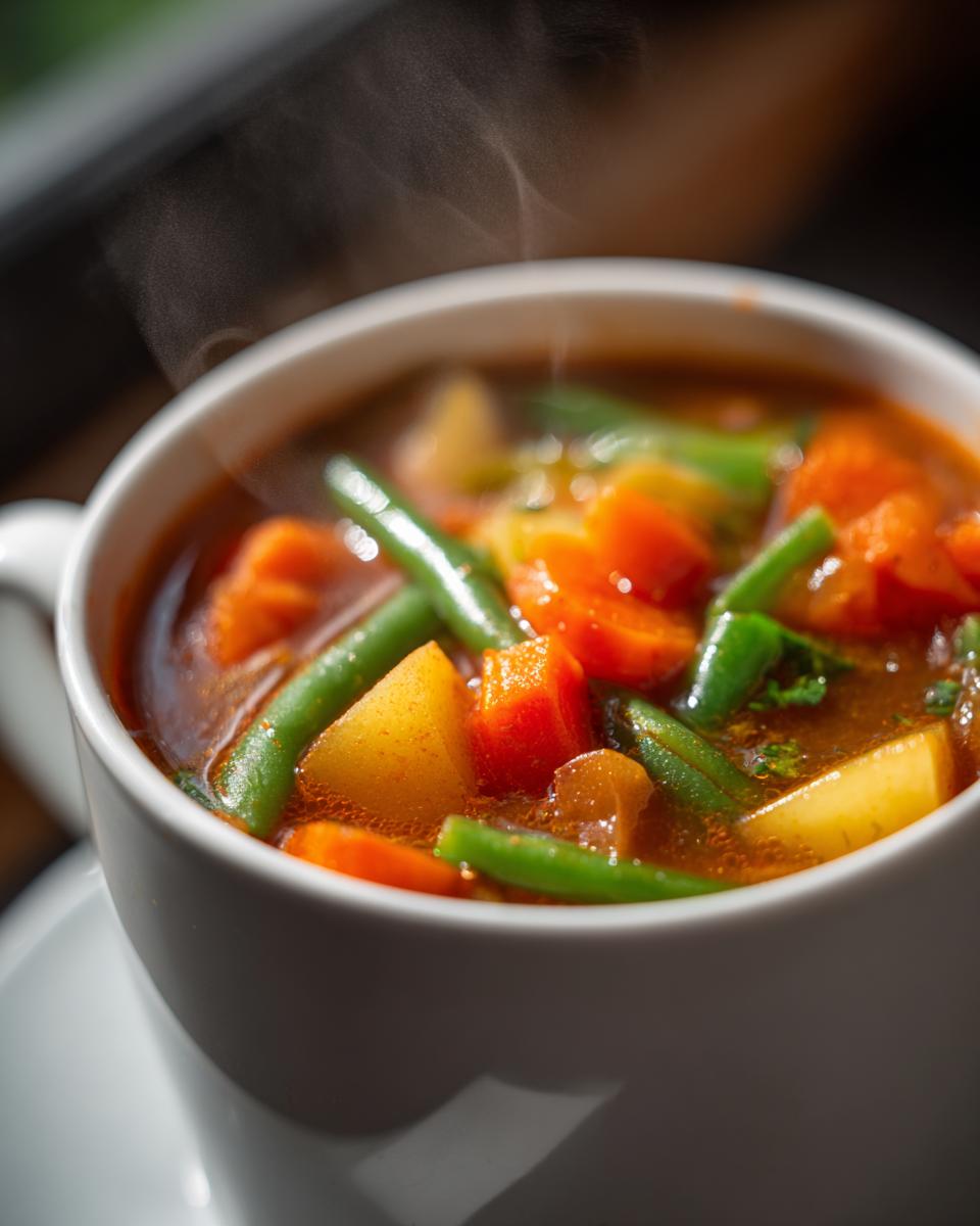 Close-up of a steaming white mug filled with rich, flavorful Vegetable Soup containing carrots, potatoes, and green beans.