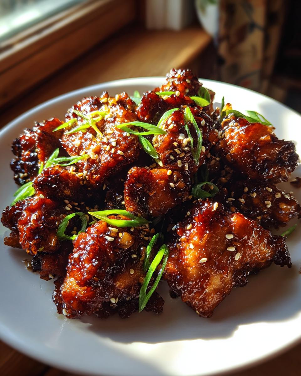 Close-up of sticky, dark glazed Teriyaki Chicken pieces garnished with sesame seeds and green onions.