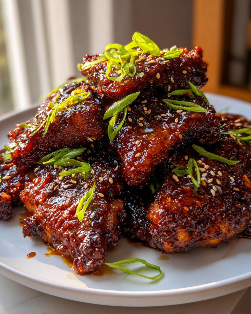 Close-up of sticky, glazed Teriyaki Chicken pieces piled high and garnished with sesame seeds and green onions.