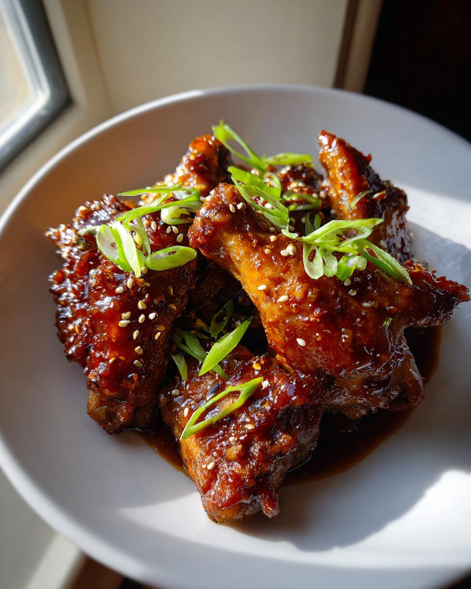 Close-up of sticky, glazed Teriyaki Chicken wings topped with sesame seeds and sliced green onions.
