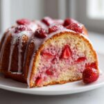 A slice cut from a bundt Strawberry Cake, showing moist pink interior studded with strawberries and topped with glaze.