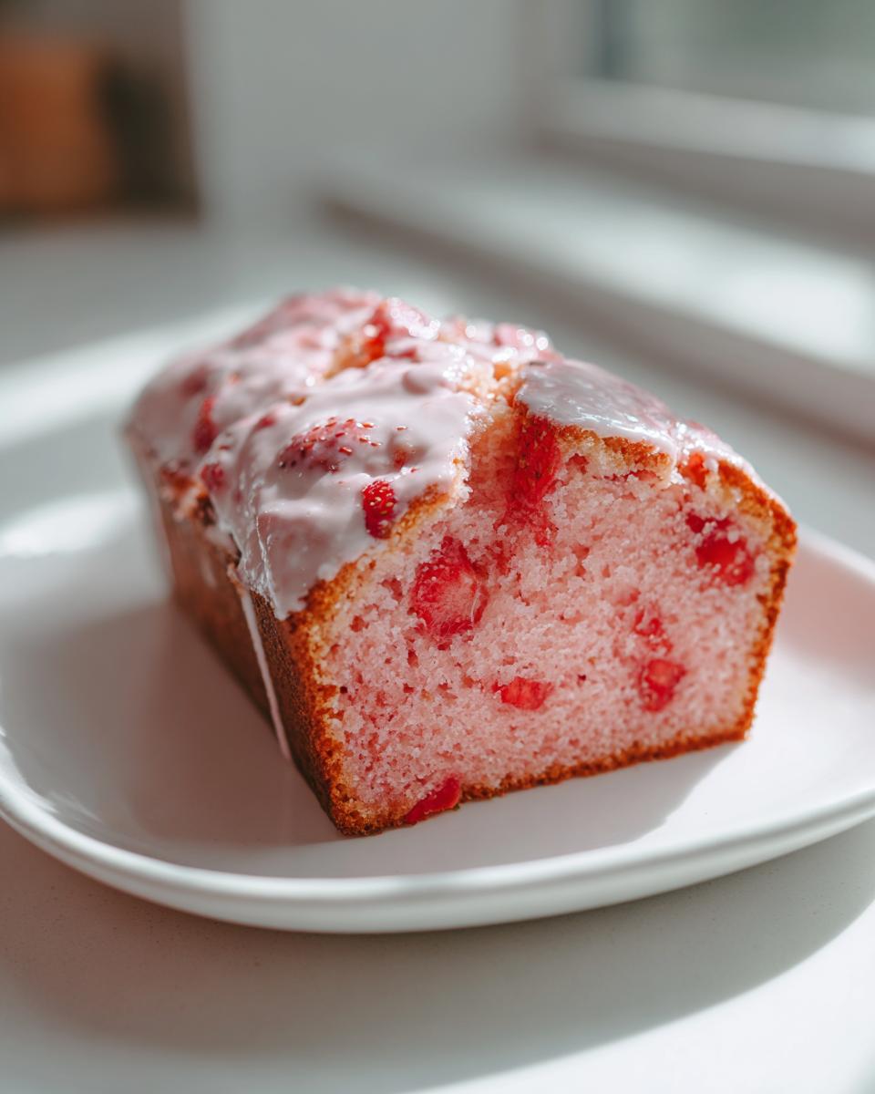 A moist slice of pink Strawberry Cake studded with fruit pieces, topped with a light glaze, sitting on a white plate.