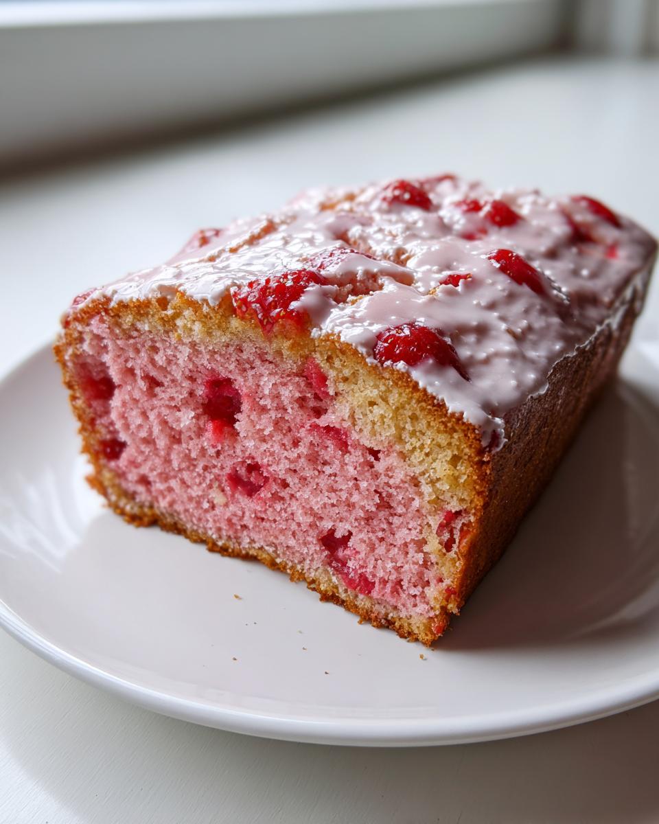 A close-up of a slice of moist, pink Strawberry Cake studded with fruit and topped with a white glaze.