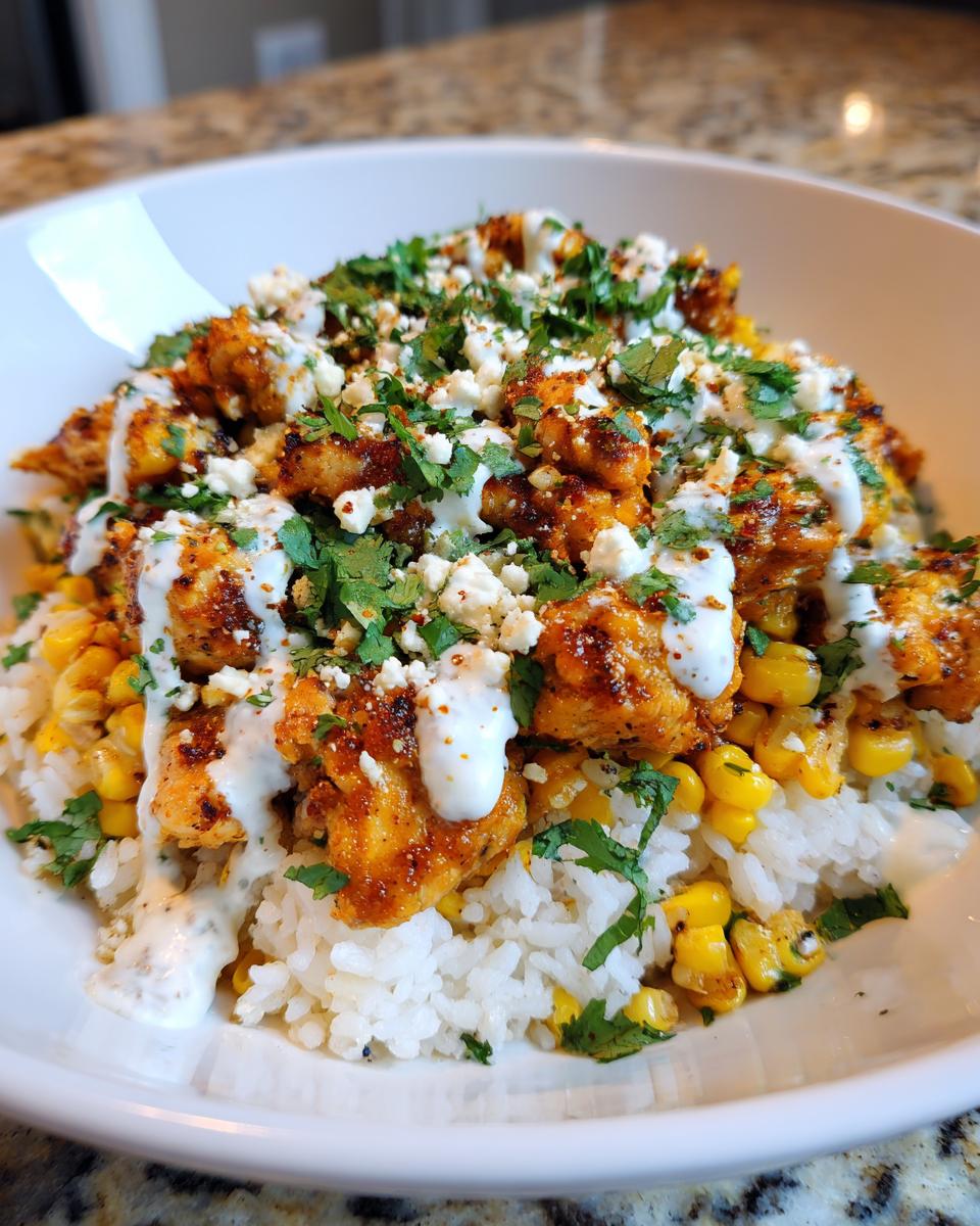 Close-up of a Street Corn Chicken Rice Bowl featuring seasoned chicken, corn, white rice, crumbled cheese, and a creamy drizzle.