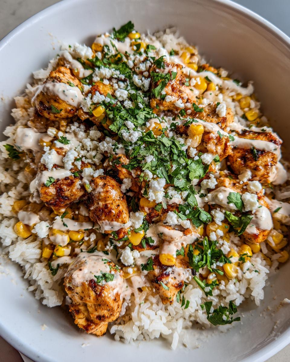 A close-up of a Street Corn Chicken Rice Bowl featuring seasoned chicken, white rice, corn, cotija cheese, and cilantro.