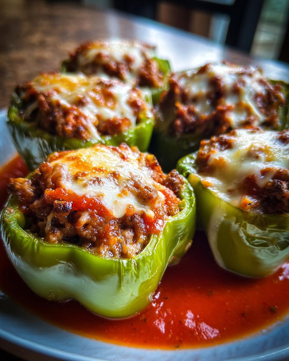 Four bright green stuffed banana peppers topped with savory meat filling and melted mozzarella cheese, resting in tomato sauce.