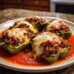 Four baked Stuffed Banana Peppers topped with meat sauce and melted mozzarella cheese, served in tomato sauce.