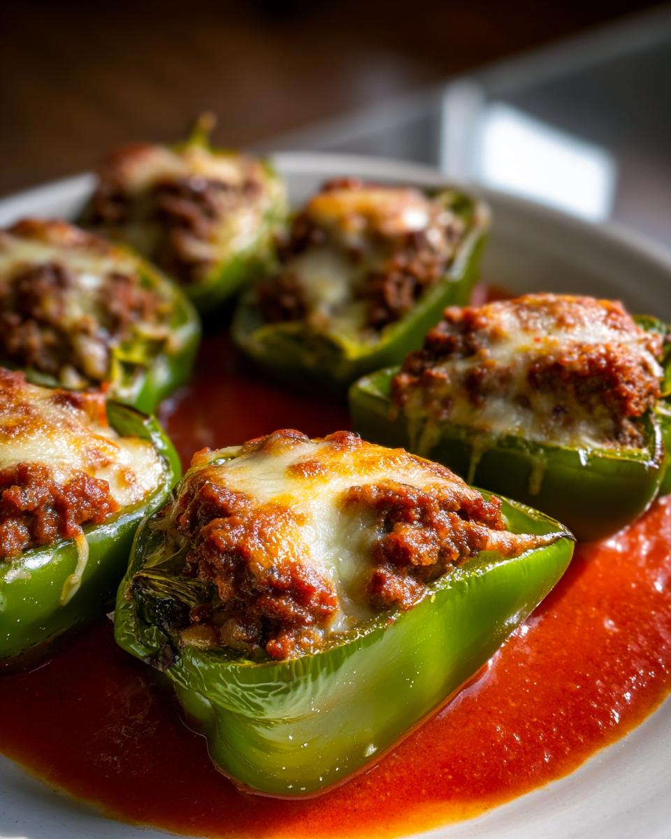 Close-up of several baked Stuffed Banana Peppers topped with melted cheese, resting in tomato sauce on a white plate.