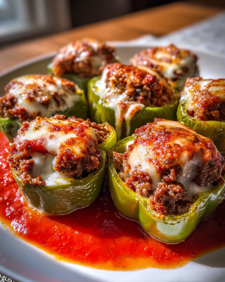 Close-up of six baked Stuffed Banana Peppers topped with meat sauce and melted mozzarella cheese, served in red tomato sauce.