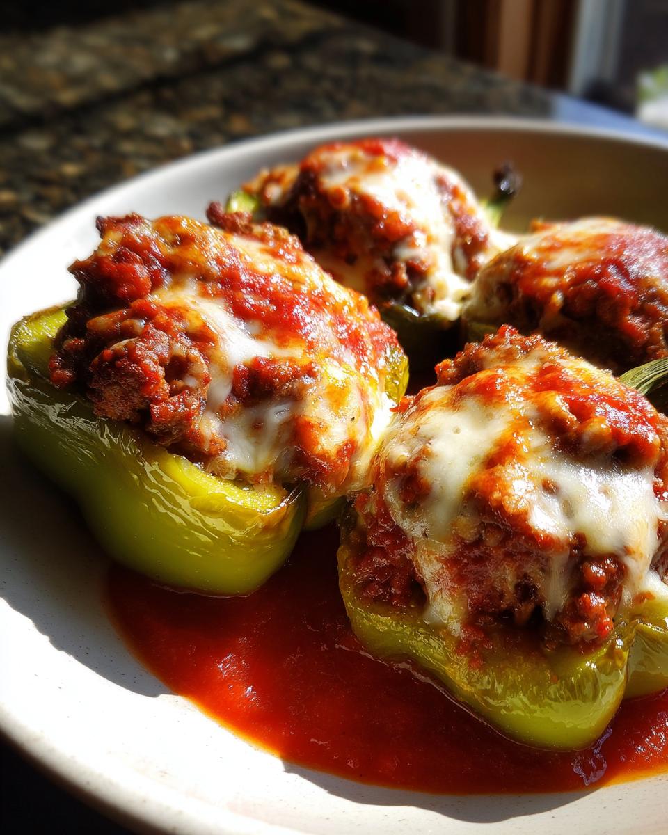 Four baked Stuffed Banana Peppers topped with meat sauce and melted mozzarella cheese, served in a white bowl.