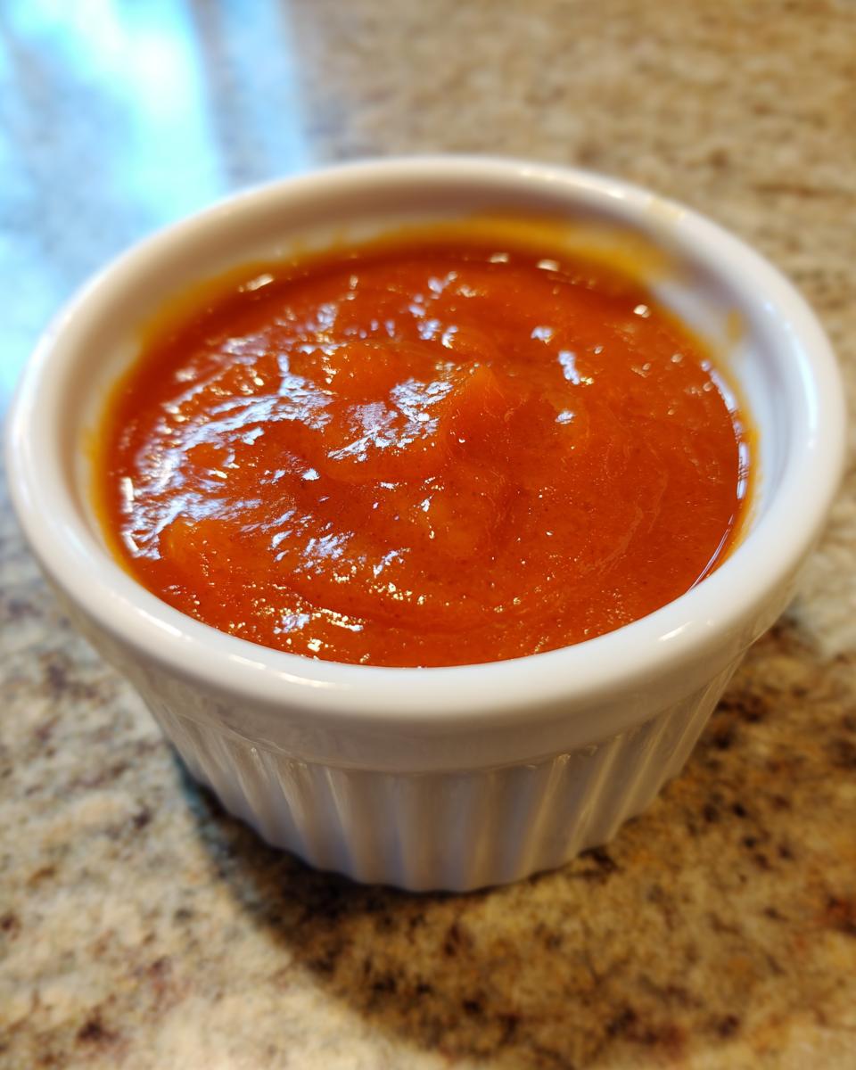 Close-up of vibrant orange Sweet And Sour Sauce served in a small, white, fluted ramekin.