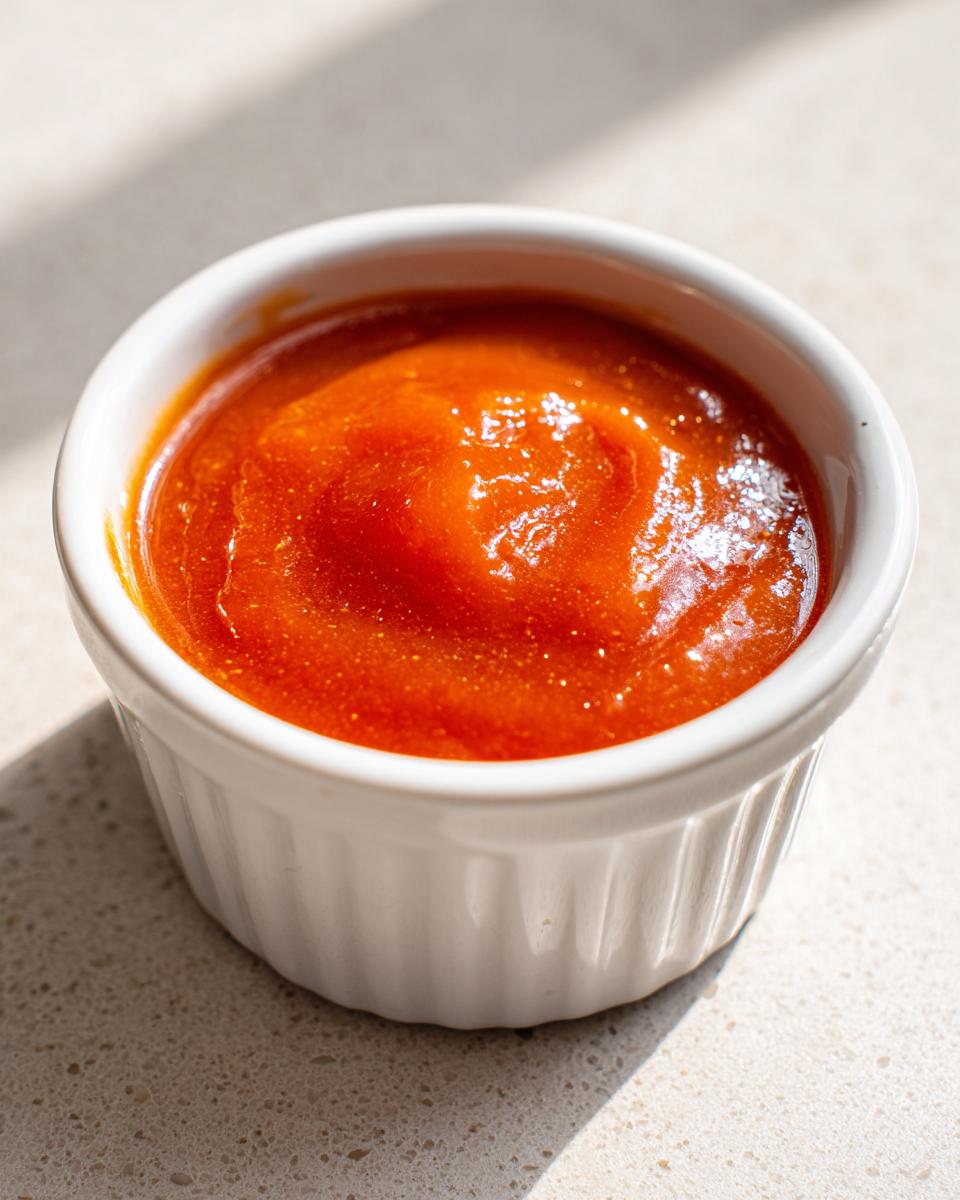 Close-up of vibrant orange Sweet And Sour Sauce served in a small, white, fluted ramekin dish.