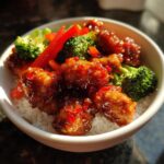 A close-up of a Sweet Chili Chicken Bowl featuring glazed chicken pieces over white rice with bright green broccoli and red pepper strips.
