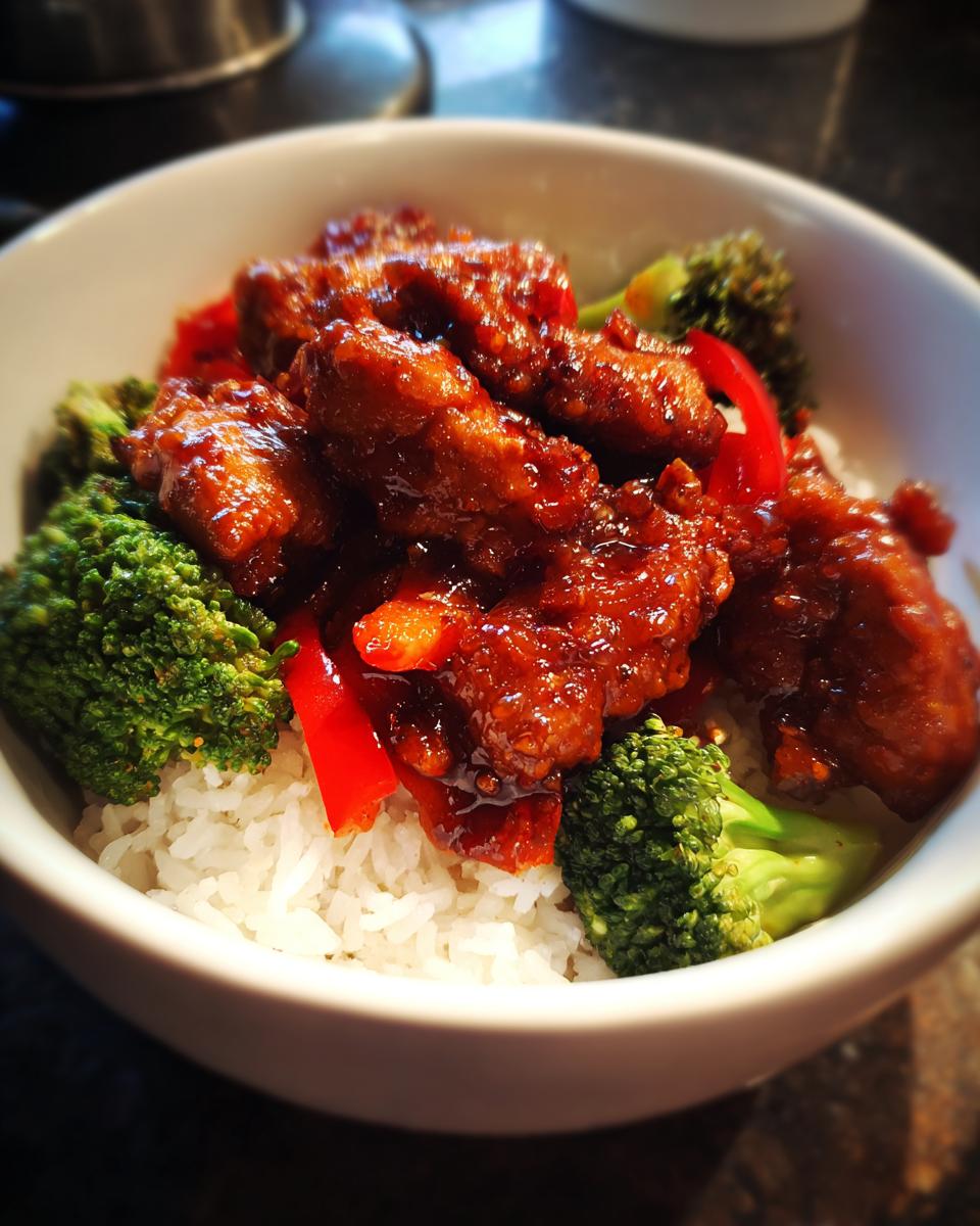 Close-up of a Sweet Chili Chicken Bowl featuring glazed chicken, steamed broccoli, and white rice in a white bowl.