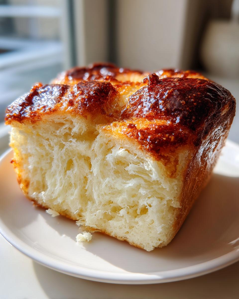 A cross-section of incredibly soft Sweet Hawaiian Bread showing its fluffy interior and glossy, caramelized top.