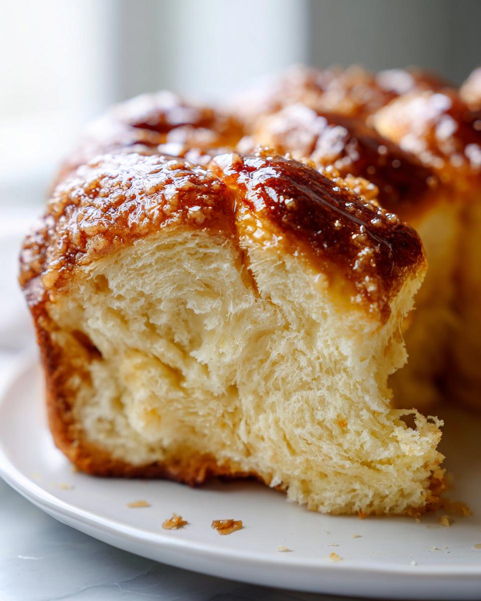 A close-up view showing the fluffy interior texture of a slice of Sweet Hawaiian Bread with a sticky, caramelized topping.