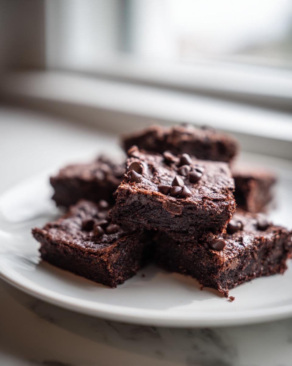 A stack of rich, fudgy Sweet Potato Brownies topped with chocolate chips, resting on a white plate.
