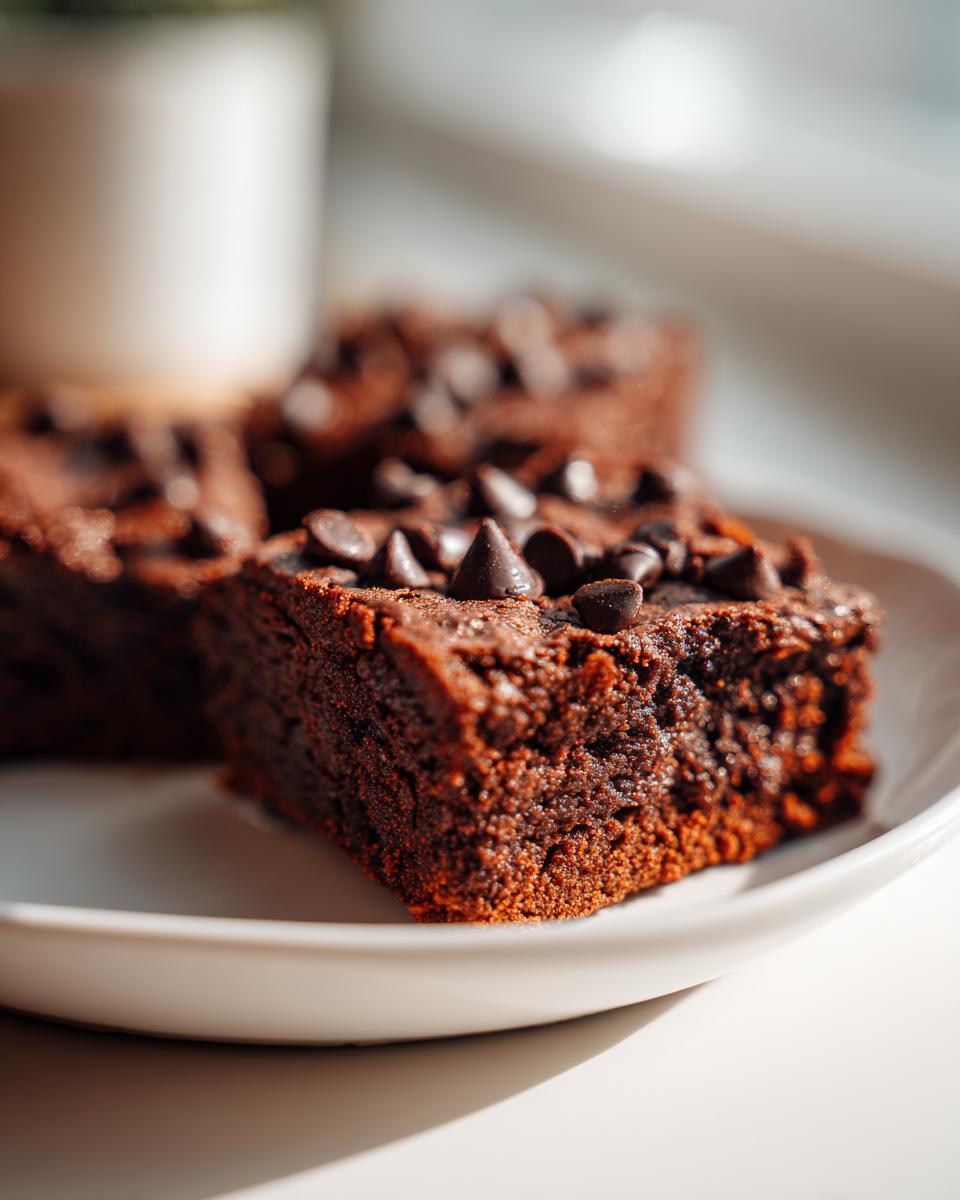 A close-up shot of a fudgy square of Sweet Potato Brownies topped with chocolate chips on a white plate.