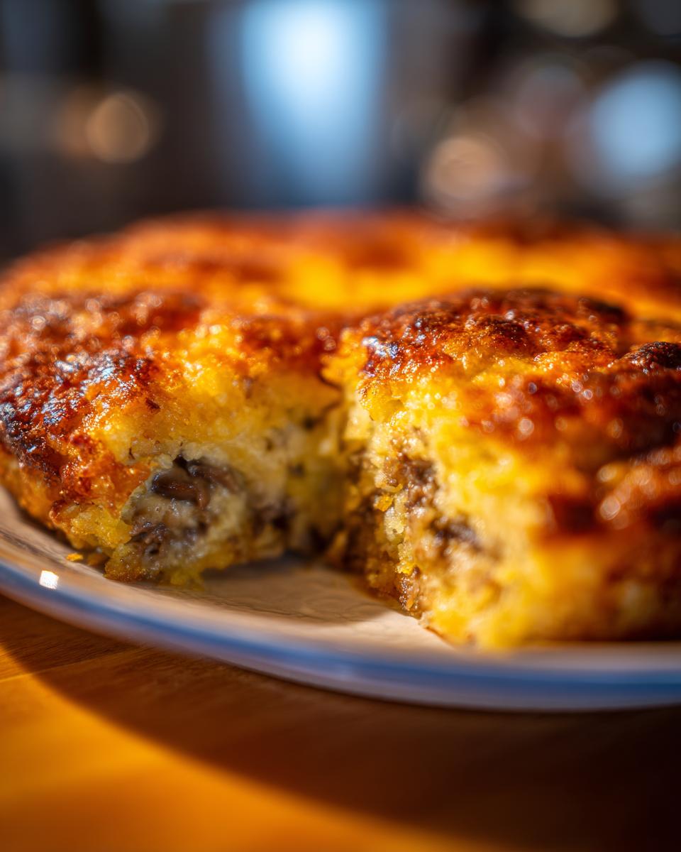 A close-up, dramatic shot of a slice removed from a baked Tater Tot Casserole With Ground Beef, showing the crispy top and meaty filling.