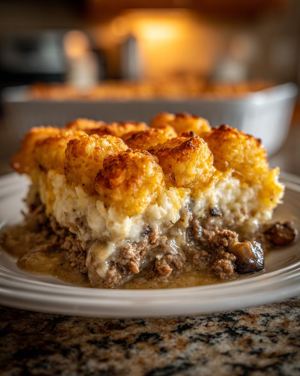 A close-up slice of Tater Tot Casserole With Ground Beef showing crispy tots over creamy filling and rich meat base.