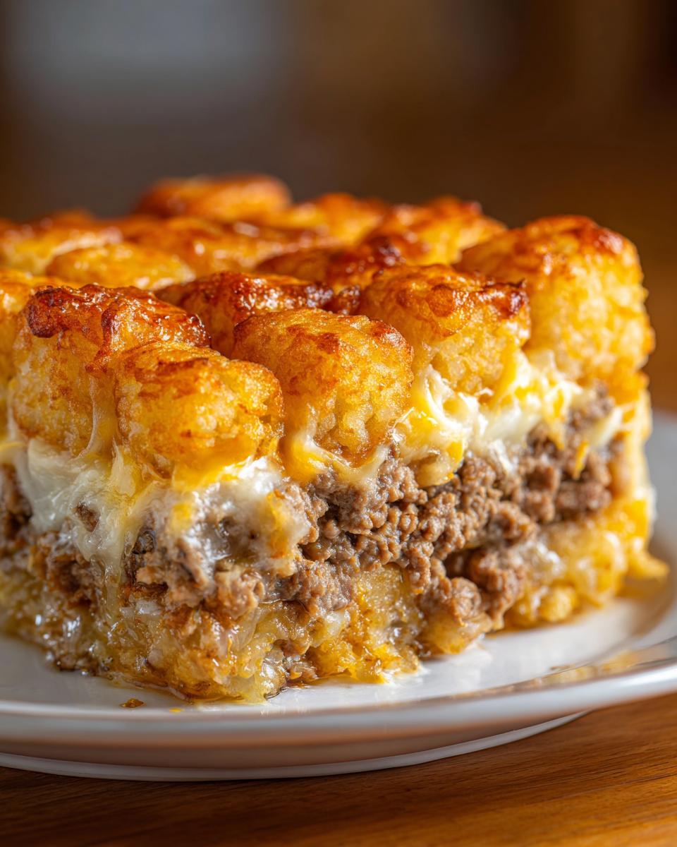 Close-up of a hearty slice of Tater Tot Casserole With Ground Beef, showing crispy tots and a cheesy meat layer.