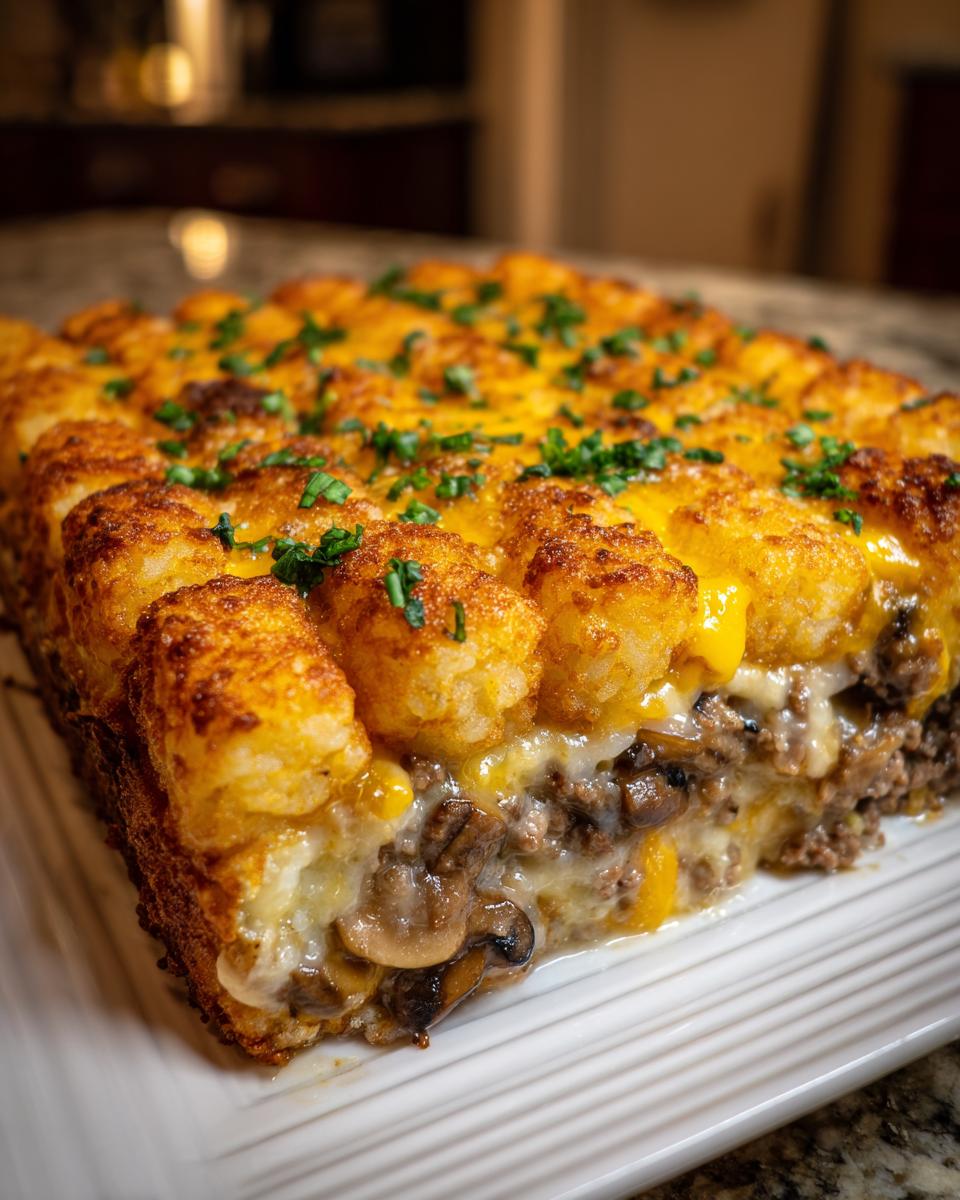 A close-up, cross-section view of a slice of Tater Tot Casserole With Ground Beef, showing crispy tots, melted cheese, and savory filling.