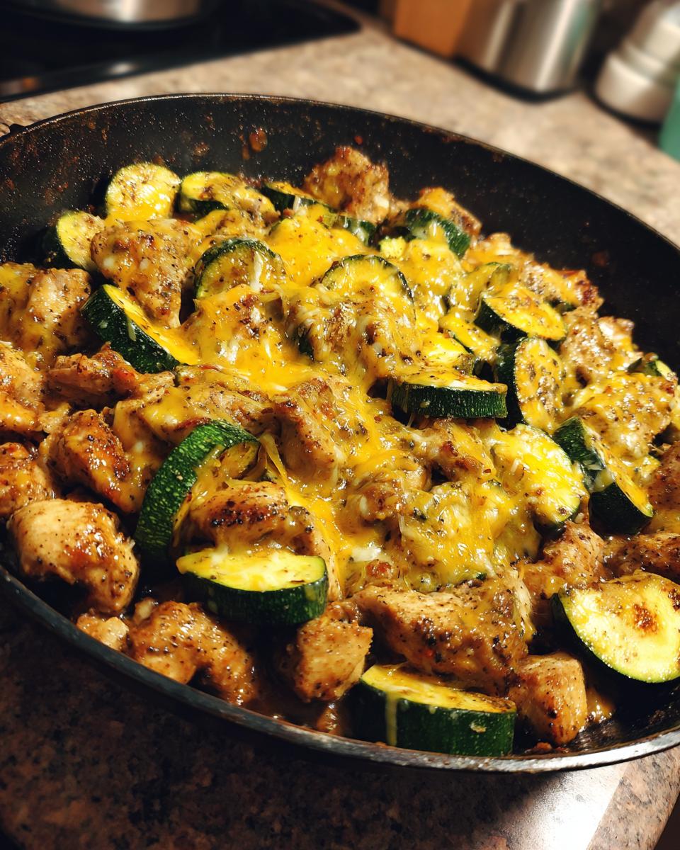Close-up of Tex Mex Chicken And Zucchini cooked in a skillet, topped with melted cheddar cheese.