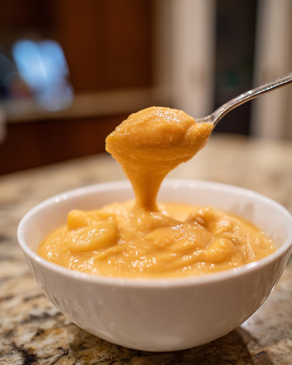 A spoonful of thick, creamy, orange-hued Potato Soup being lifted from a white bowl.