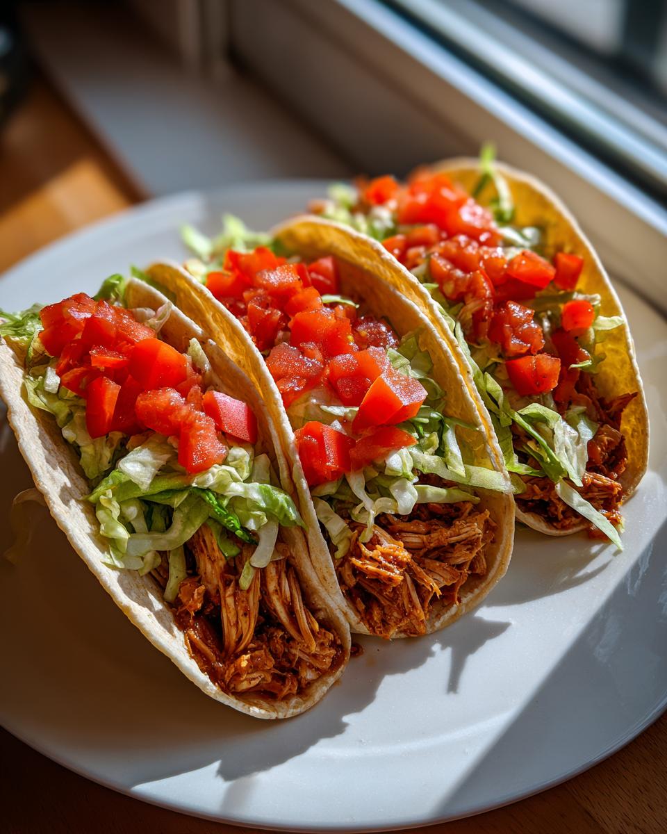 Three soft shell Chicken Tacos filled with shredded seasoned chicken, lettuce, and diced tomatoes.