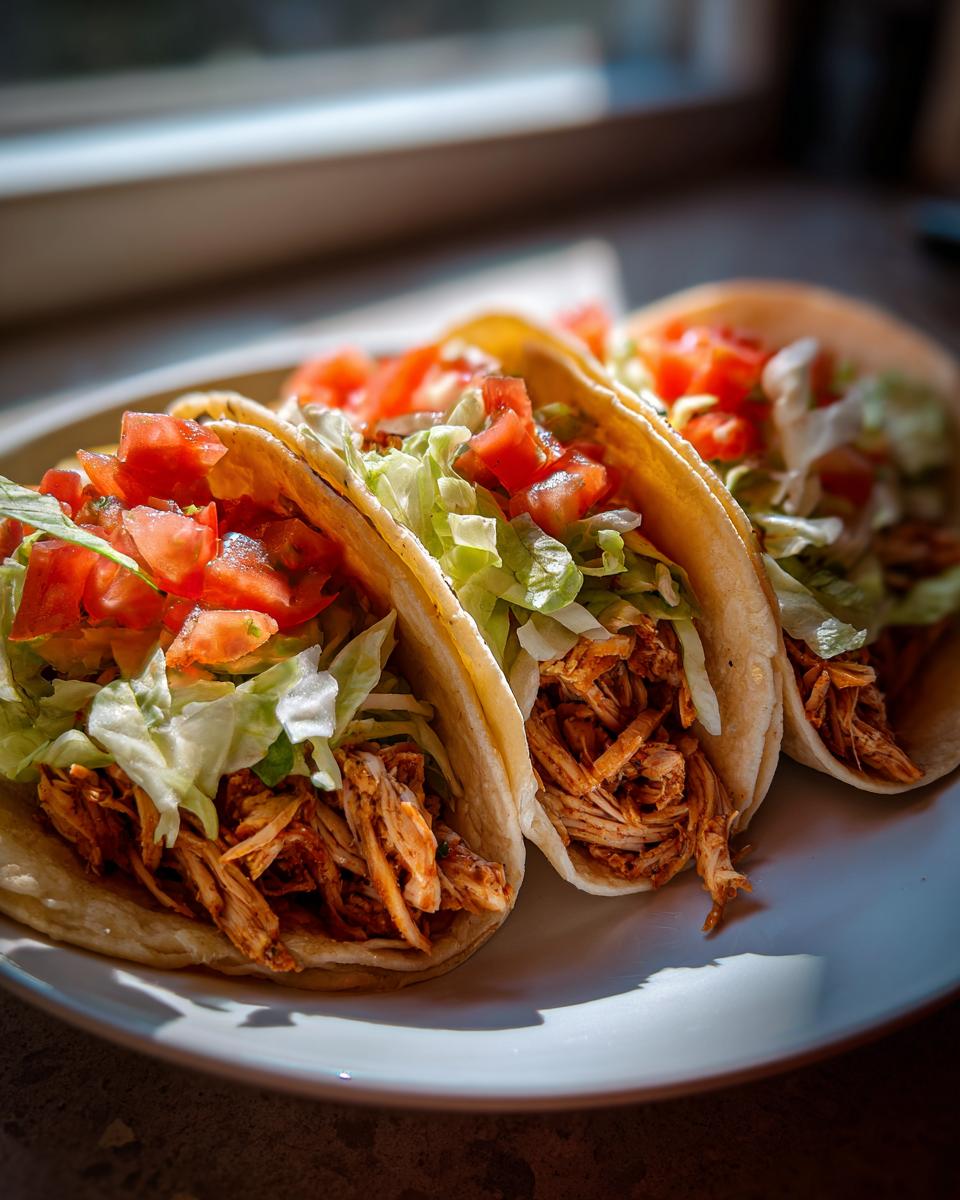 Three soft shell Chicken Tacos filled with shredded seasoned chicken, lettuce, and diced tomatoes, served on a white plate.