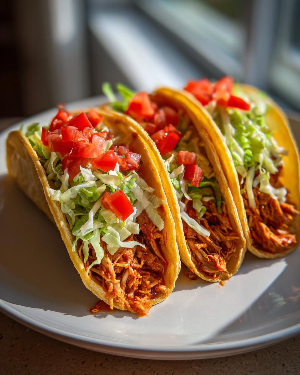 Three crunchy hard-shell Chicken Tacos filled with shredded seasoned chicken, lettuce, and diced tomatoes.