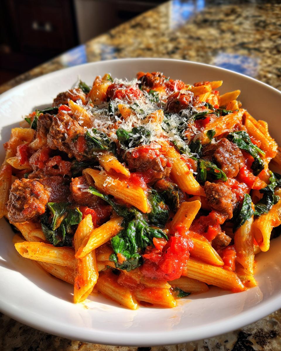 Close-up of a bowl of Tomato Spinach Sausage Pasta topped with grated Parmesan cheese.