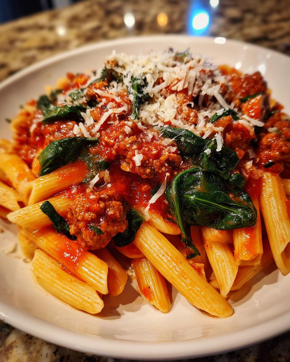 A close-up of a serving of Tomato Spinach Sausage Pasta topped with shredded Parmesan cheese.