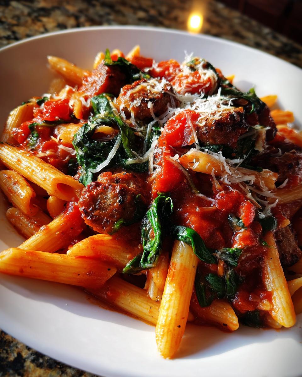 A close-up, vibrant image of Tomato Spinach Sausage Pasta featuring penne, chunks of sausage, wilted spinach, and grated cheese.