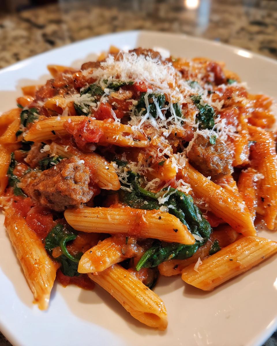 A close-up of a serving of Tomato Spinach Sausage Pasta featuring penne, chunks of sausage, wilted spinach, and grated Parmesan cheese.