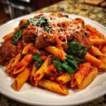 Close-up of a plate of Tomato Spinach Sausage Pasta featuring penne, rich tomato sauce, sausage pieces, and grated Parmesan.