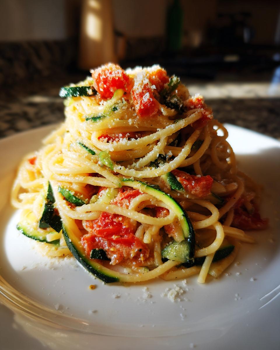 A close-up, well-lit serving of Tomato Zucchini Pasta piled high on a white plate, topped with grated cheese.