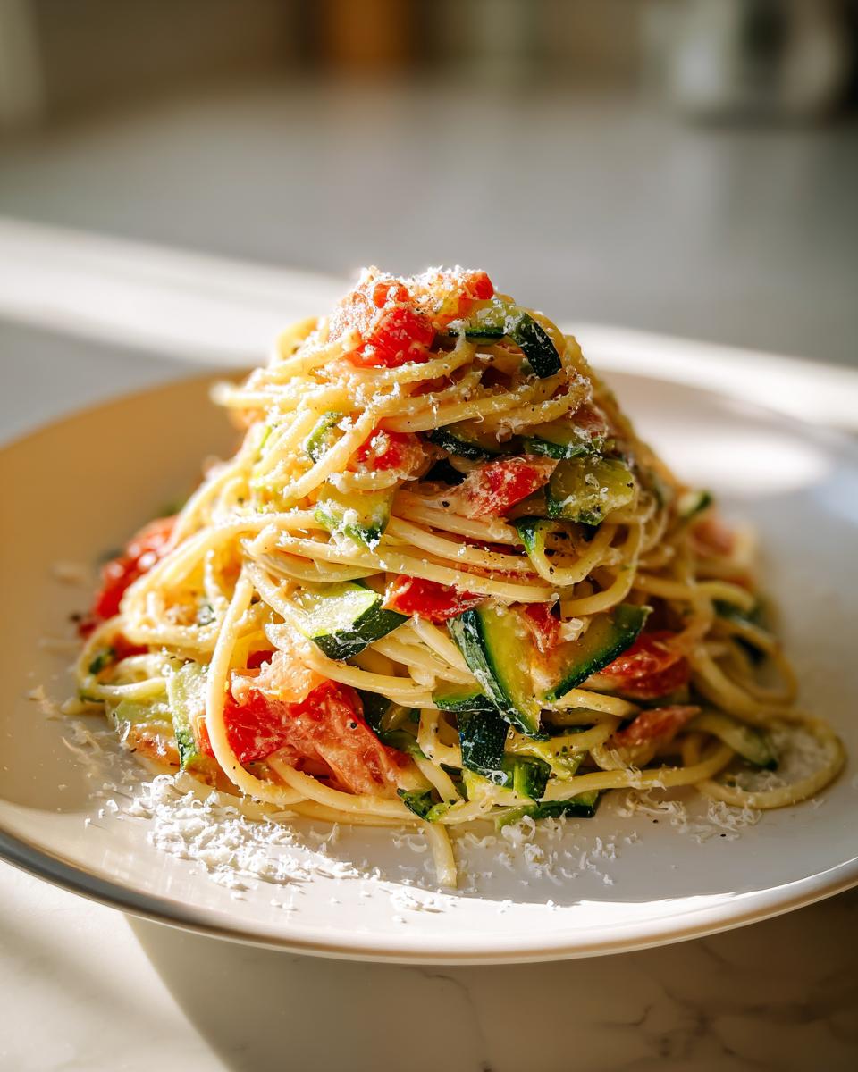 A tall serving of Tomato Zucchini Pasta tossed with spaghetti, diced tomatoes, and zucchini ribbons, topped with grated Parmesan.