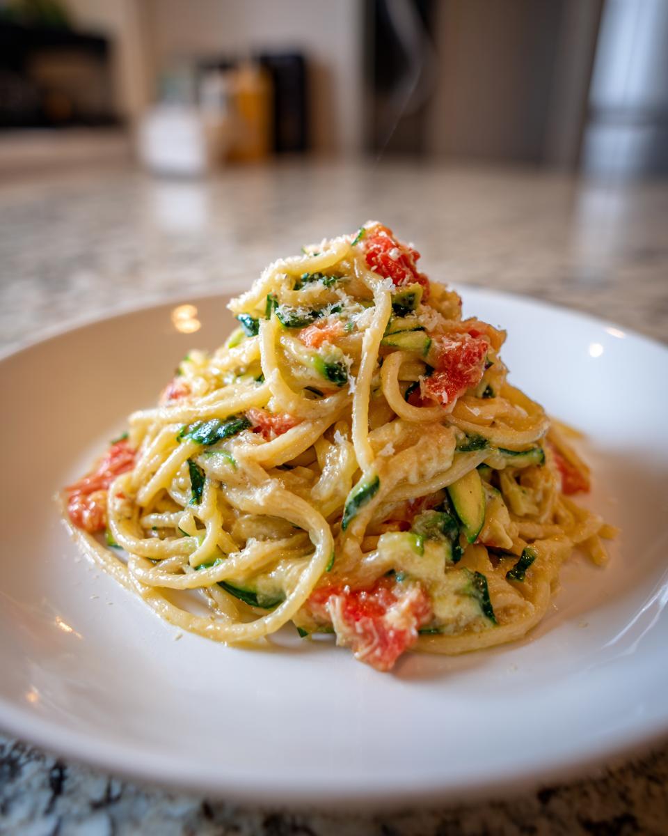 A close-up of a serving of Tomato Zucchini Pasta topped with grated Parmesan cheese, served on a white plate.