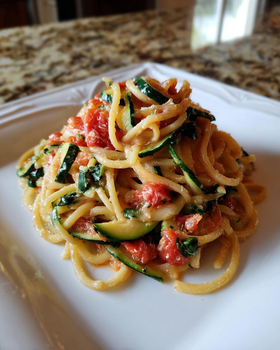 Close-up of a serving of Tomato Zucchini Pasta featuring spaghetti tossed with bright green zucchini slices and diced red tomatoes.