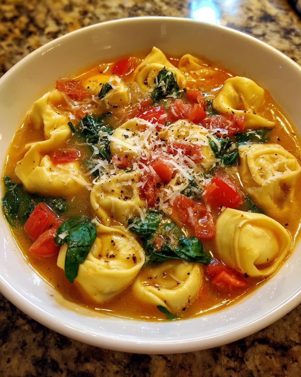 A close-up of a white bowl filled with rich, tomato-based Tortellini Soup, topped with spinach, diced tomatoes, and grated Parmesan cheese.