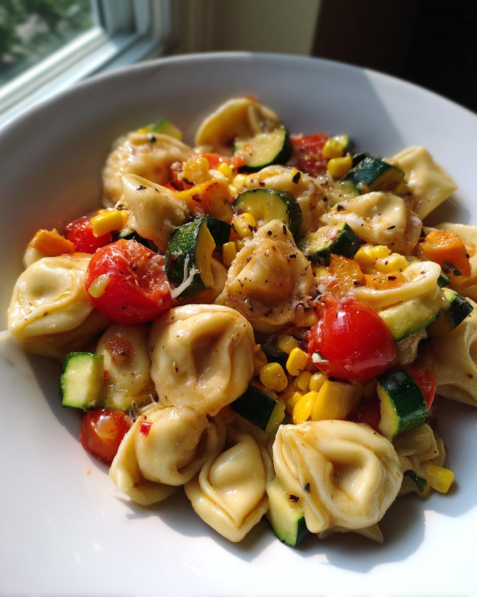 Close-up of a white bowl filled with Tortellini With Summer Veggies, featuring zucchini, cherry tomatoes, and corn.